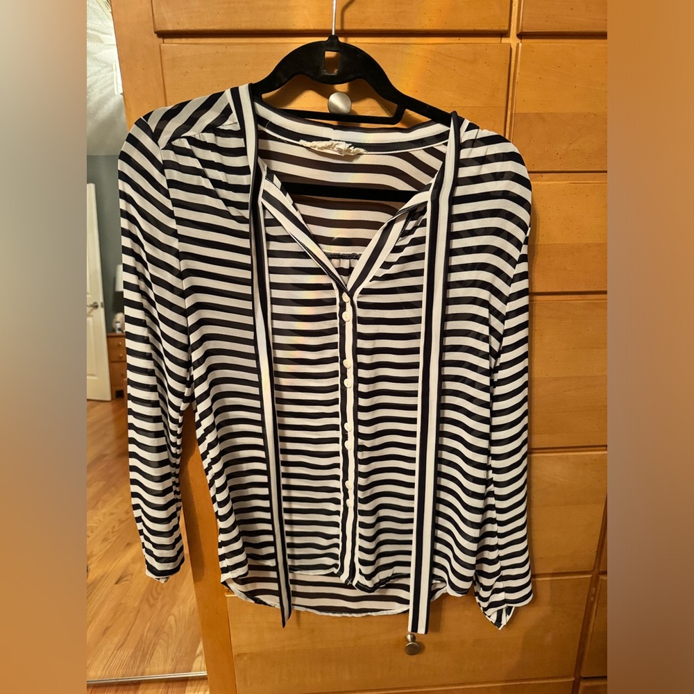 Navy blue and white striped blouse with tie